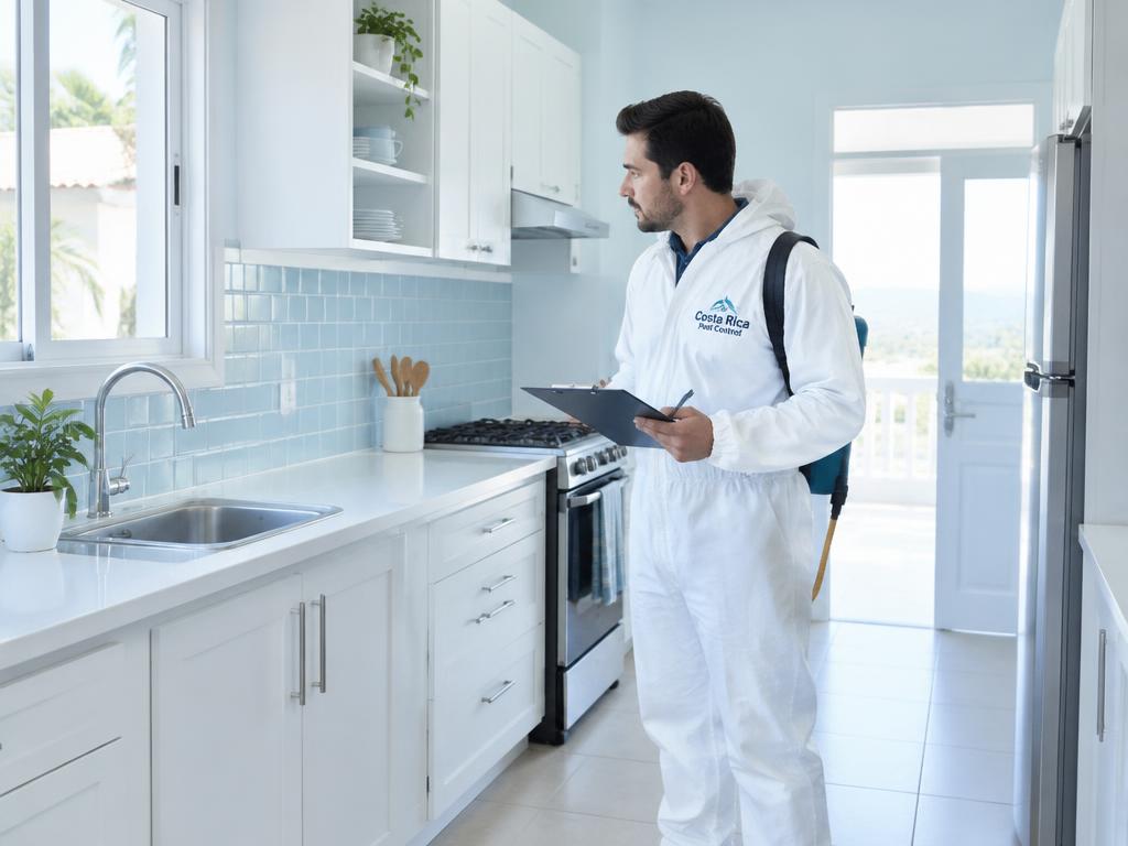 Técnico inspeccionando una cocina con su tabla de anotaciones